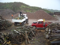  some weekends it's wet. this one was. unloading the first 'mog load and then splitting up a logrover load in the rain